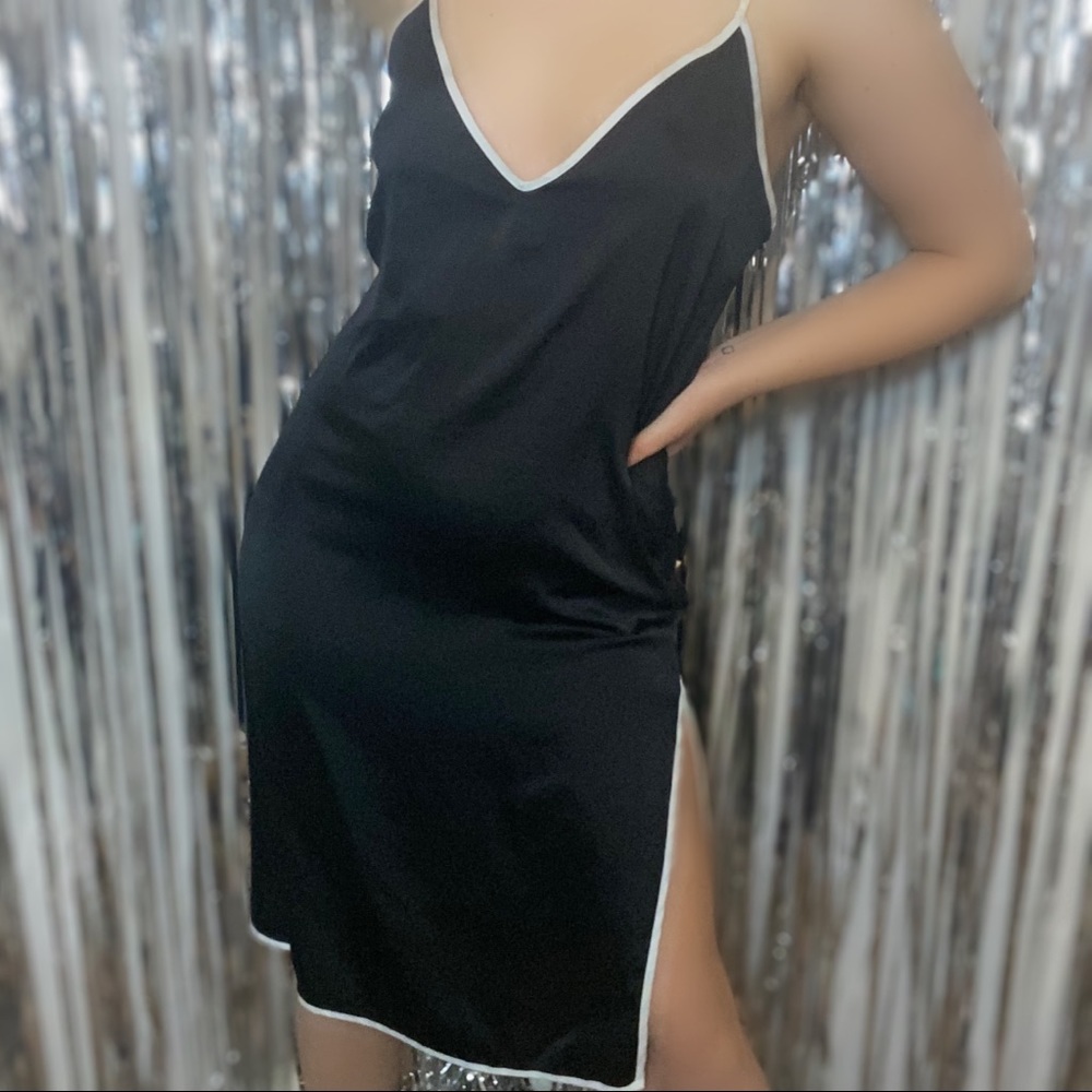 Slinky Black Satin Silky Strappy Midi Dress